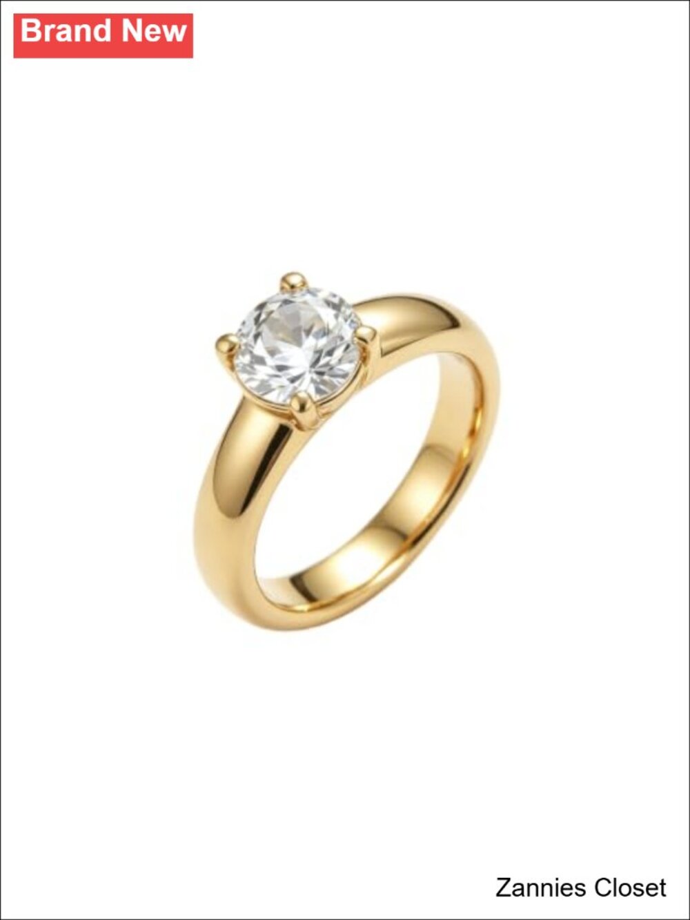 💍 18K Gold Plated Solitaire 4-Prong Cubic Zirconia Stainless Steel Band Ring